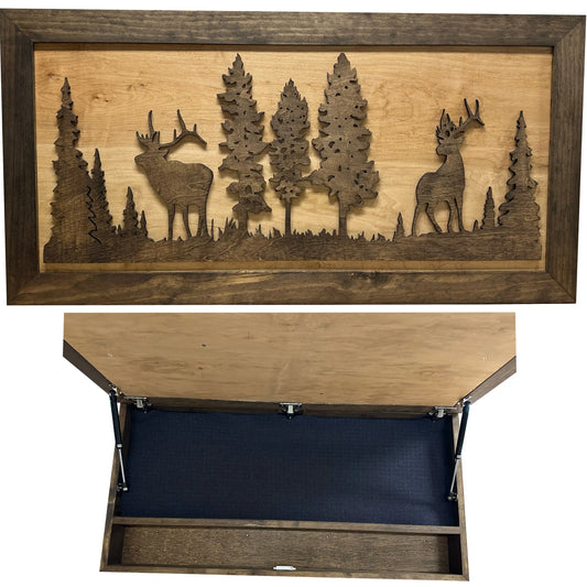 Large Hidden Gun Storage Cabinet Wall Decor - Deer and Moose In The Woods Scene Bellewood Designs