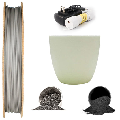 Front view of M300 tool steel print and sinter kit showcasing filament spool, ceramic container, powders, and heating equipment