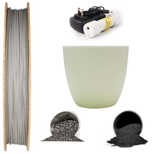 Front view of M300 tool steel print and sinter kit showcasing filament spool, ceramic container, powders, and heating equipment