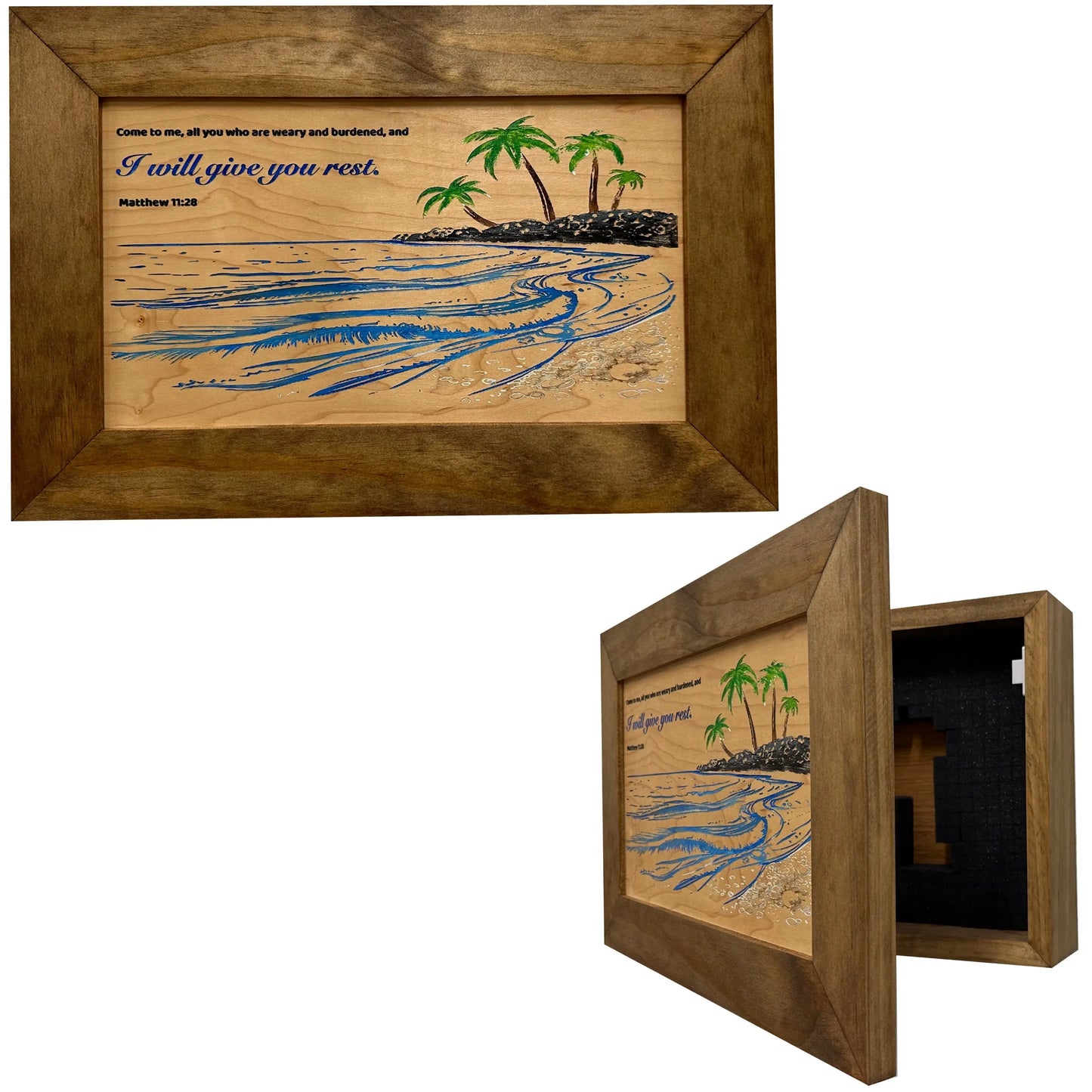 Bible Verse Decorative & Secure Wall-Mounted Gun Cabinet - Matthew 11:28 and Coastal Scene Bellewood Designs