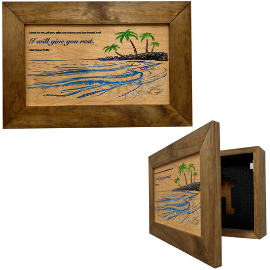 Bible Verse Decorative & Secure Wall-Mounted Gun Cabinet - Matthew 11:28 and Coastal Scene Bellewood Designs