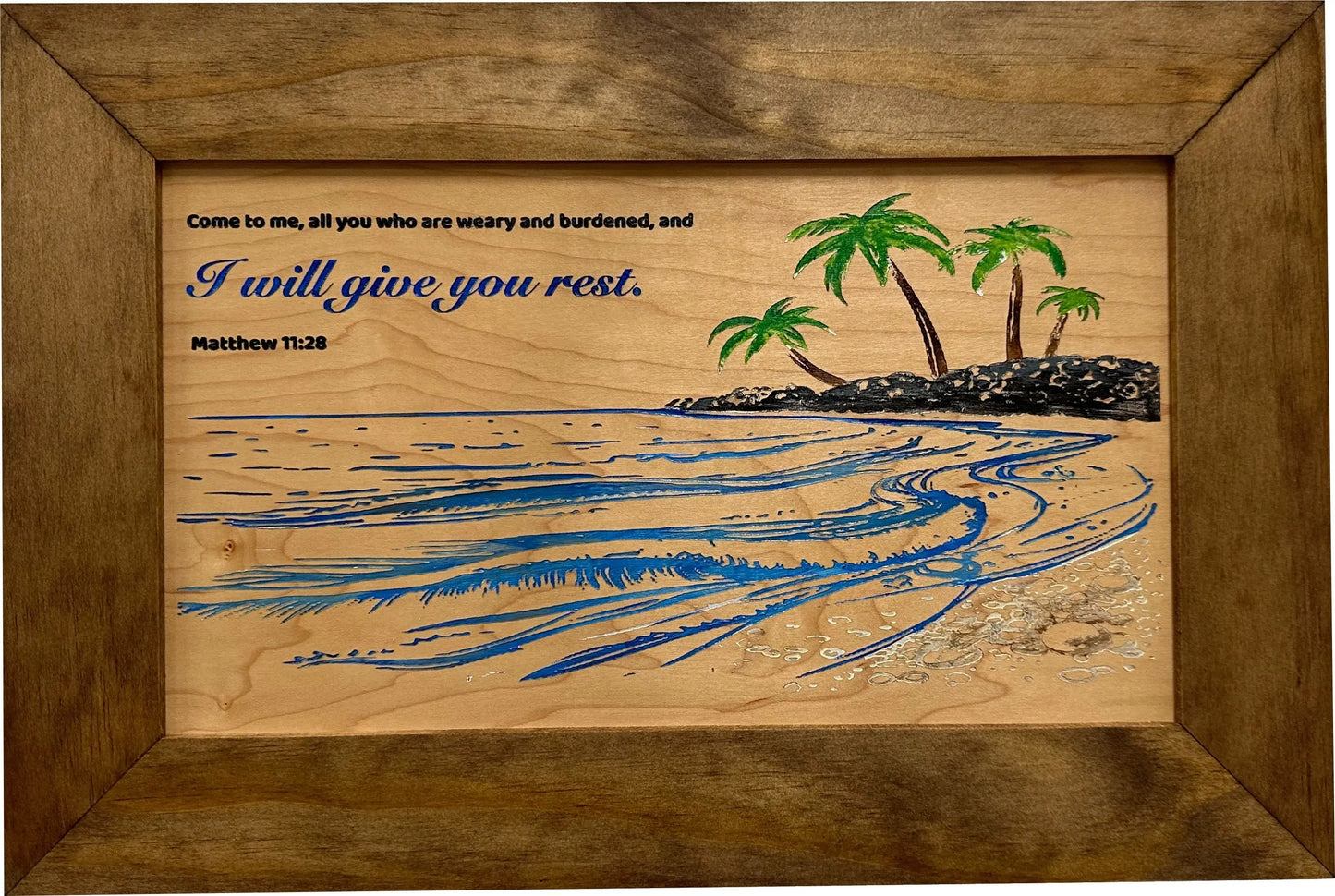 Bible Verse Decorative & Secure Wall-Mounted Gun Cabinet - Matthew 11:28 and Coastal Scene Bellewood Designs