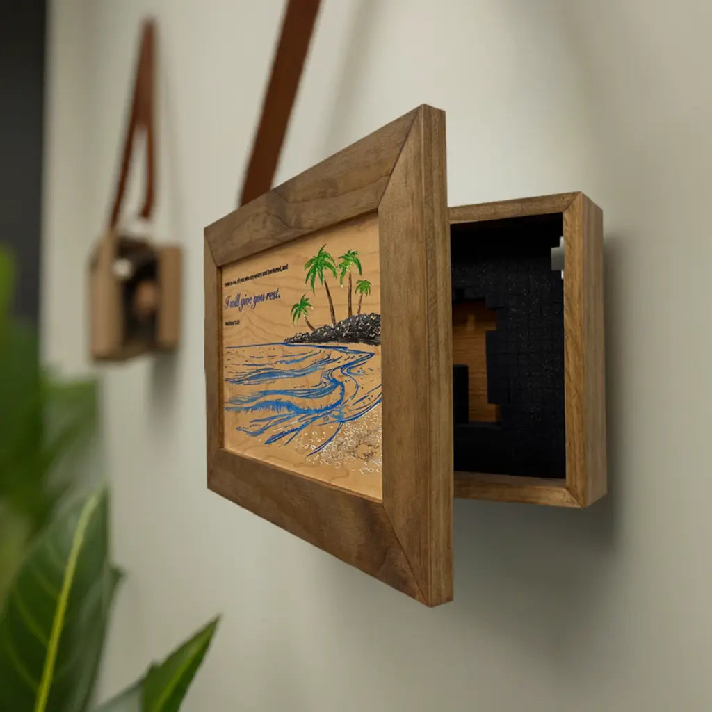 Bible Verse Decorative & Secure Wall-Mounted Gun Cabinet - Matthew 11:28 and Coastal Scene Bellewood Designs