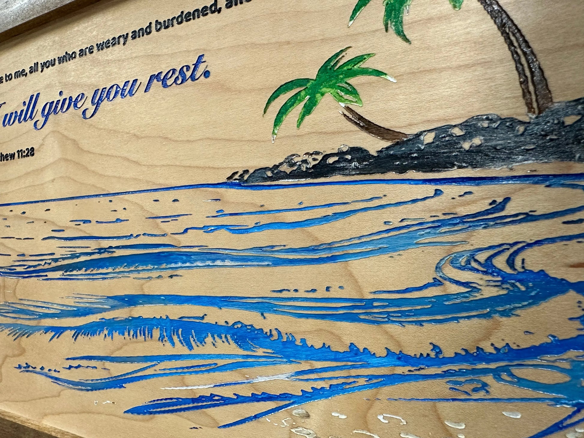 Bible Verse Decorative & Secure Wall-Mounted Gun Cabinet - Matthew 11:28 and Coastal Scene Bellewood Designs