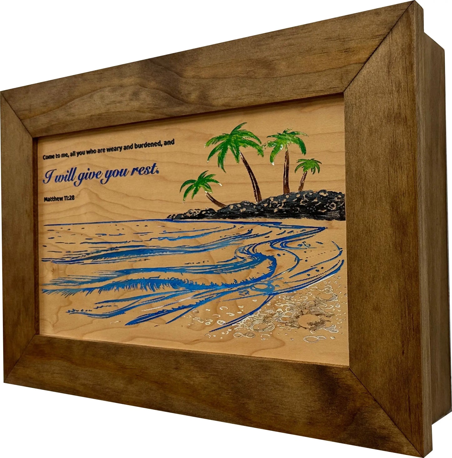 Bible Verse Decorative & Secure Wall-Mounted Gun Cabinet - Matthew 11:28 and Coastal Scene Bellewood Designs