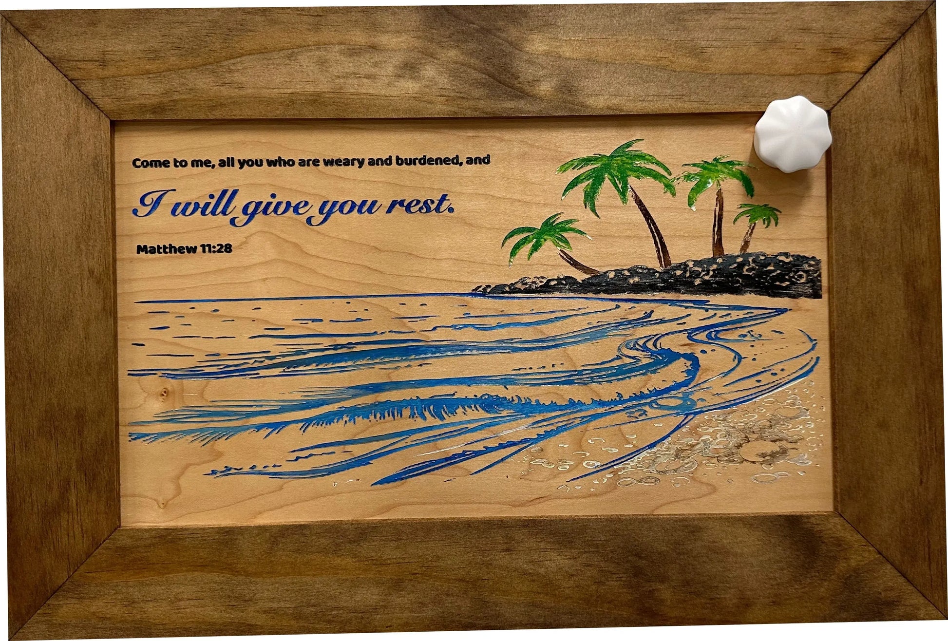 Bible Verse Decorative & Secure Wall-Mounted Gun Cabinet - Matthew 11:28 and Coastal Scene Bellewood Designs