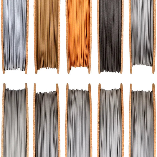 Front view of Metal Filamet sample showing assorted filament colors on a white background