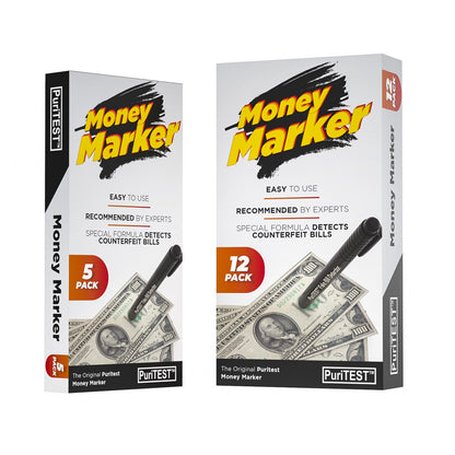 Front view of PuriTEST Money Marker 5 Pack and 12 Pack boxes showcasing counterfeit bill detection with white background