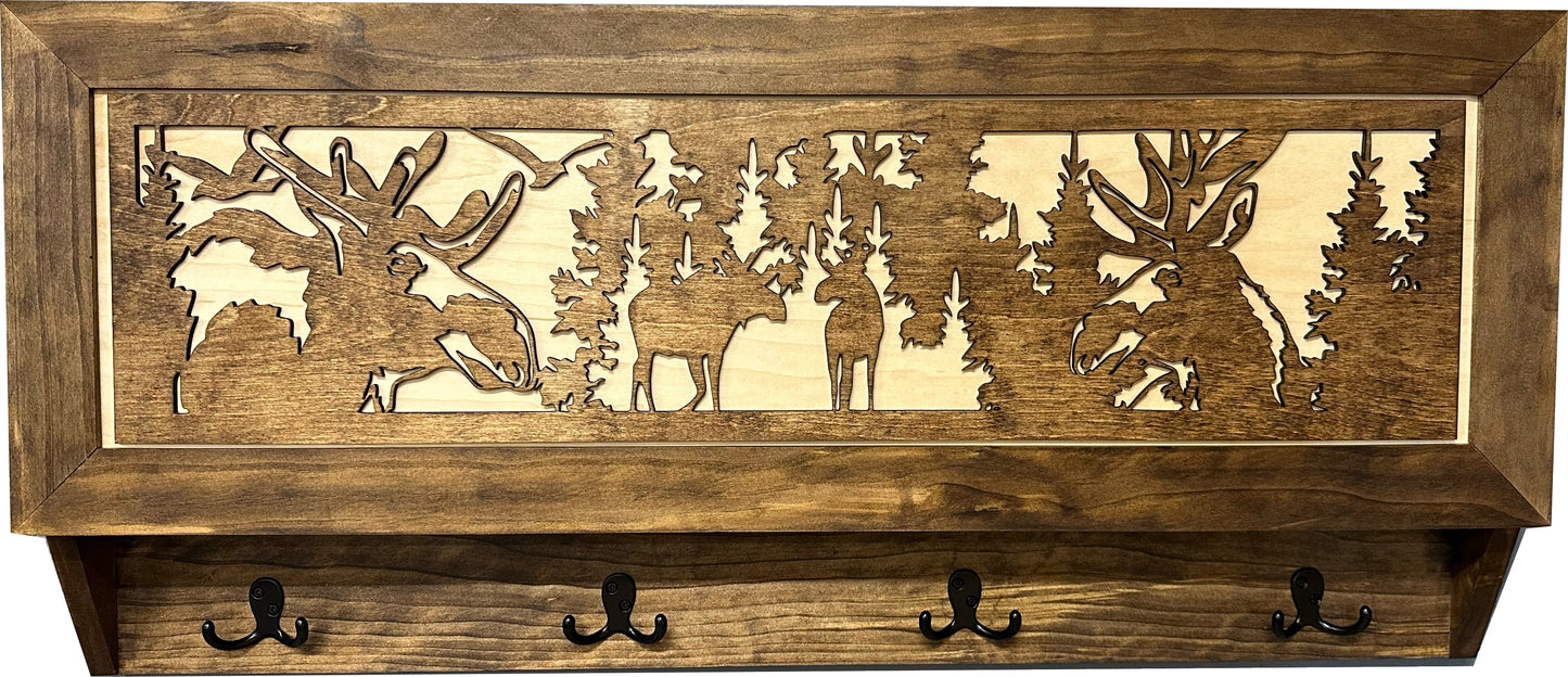 Moose Hunting Hidden Gun Storage Coat Rack Concealment Shelf with Hooks for Coats, Bags, & Hats