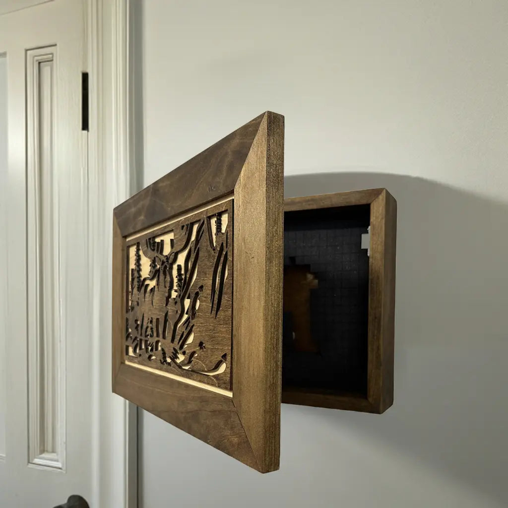 Moose in the Woods Gun Concealment Furniture - Handcrafted Hidden Gun Storage Wall Decor - Hidden Gun Shelf with Magnetic Lock for Quick Access Bellewood Designs