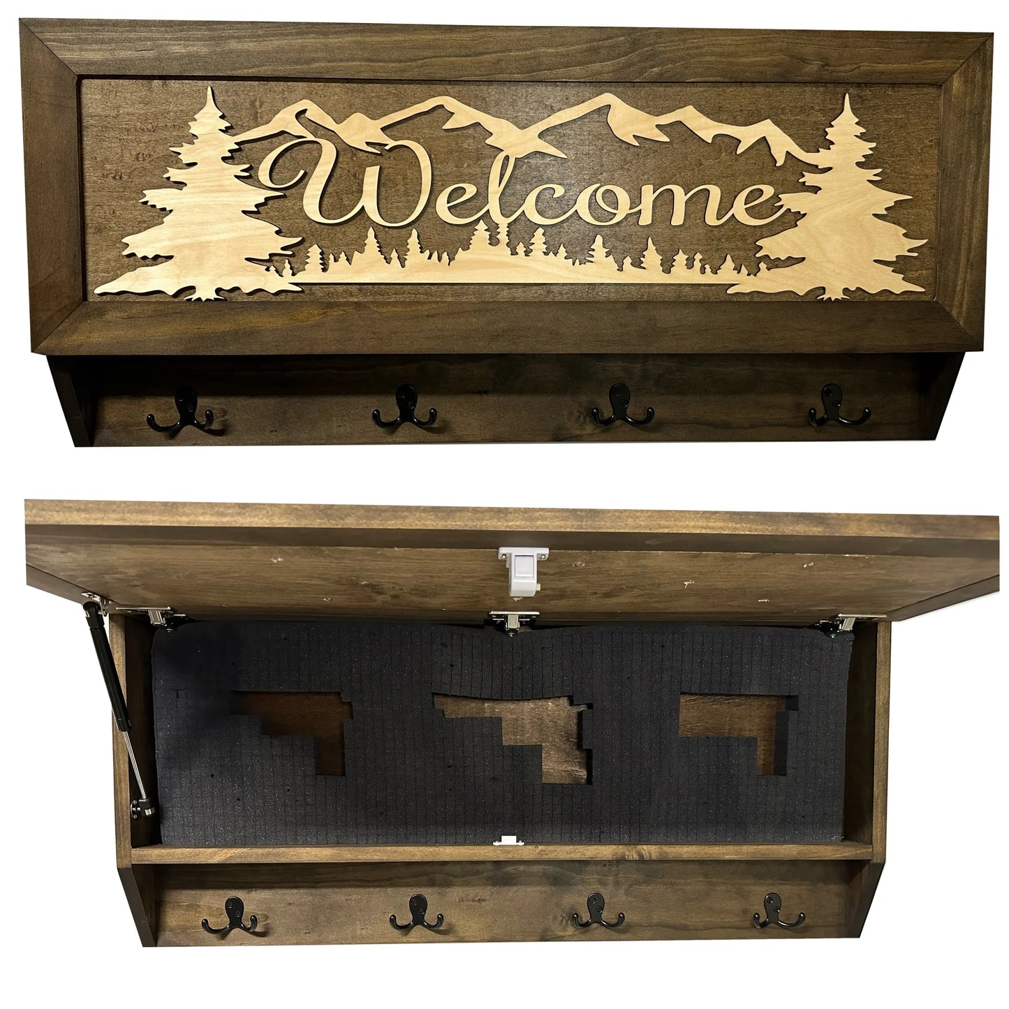 Mountain Scene Welcome Concealment Decor - Handcrafted Wooden Gun Cabinets - Gun Shelf Hidden Storage for Rifles, Shotguns, & Handguns - Quick Access Hidden Wall Safe Bellewood Designs