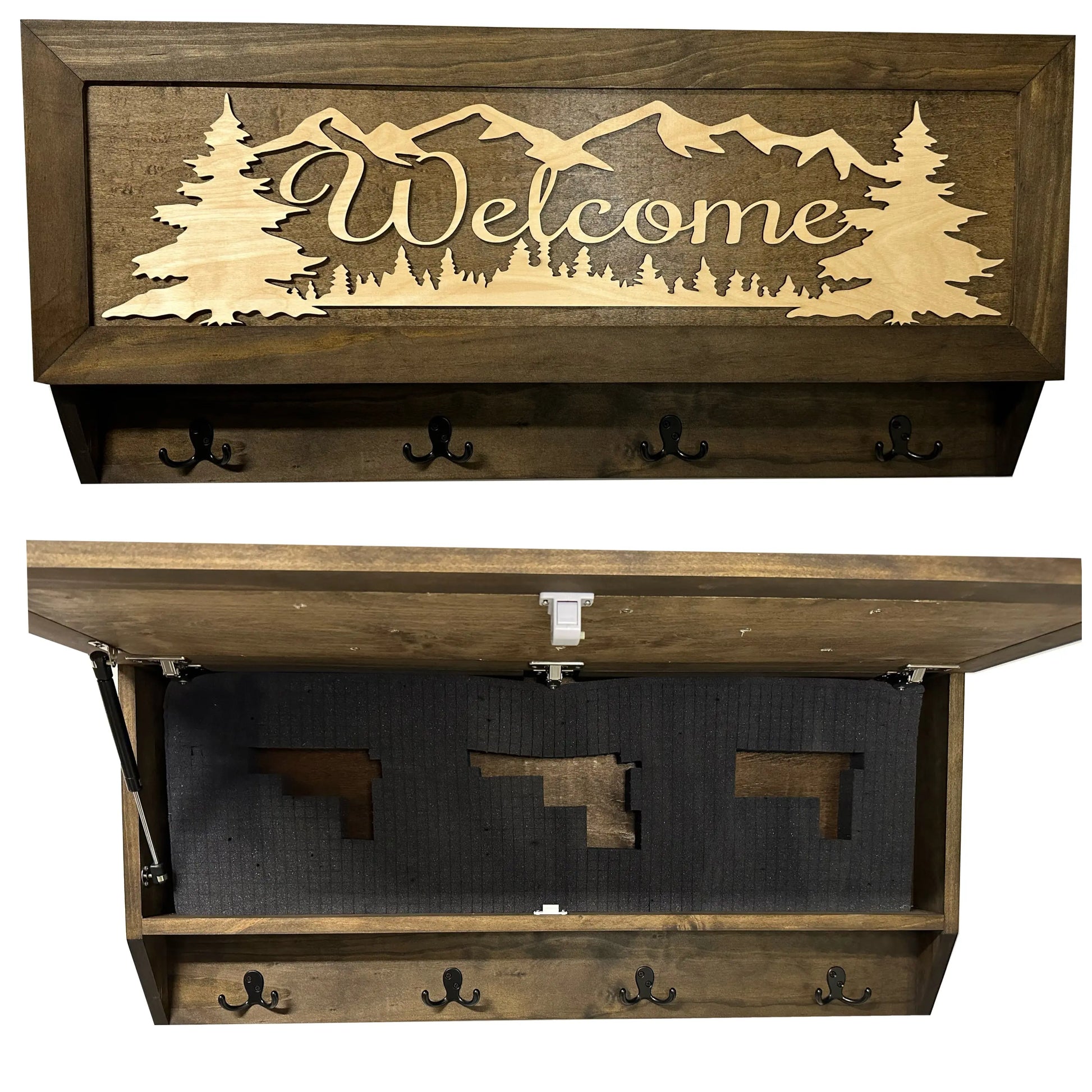Mountain Scene Welcome Concealment Decor - Handcrafted Wooden Gun Cabinets - Gun Shelf Hidden Storage for Rifles, Shotguns, & Handguns - Quick Access Hidden Wall Safe Bellewood Designs