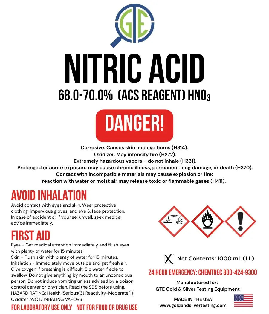 Aqua Regia Gold Refining Kit – 69.8–70% Nitric Acid & 31–37% Hydrochloric Acid (32oz/32oz) GTE GTE