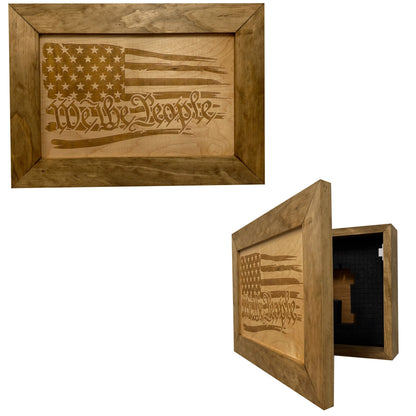Front and angled views of natural American flag gun cabinet showing hidden storage compartment on white background