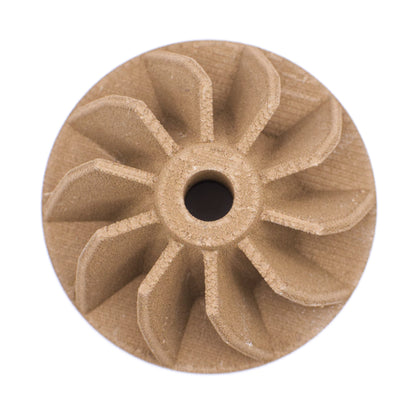 Brown ceramic casting crucible shaped like a turbine impeller with 10 curved blades and a center hole.