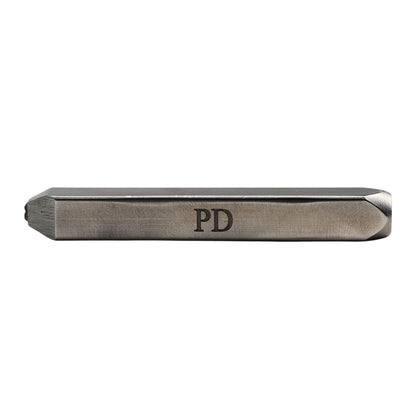 Side view of jewelers metal stamp showcasing PD hallmark marking on a white background