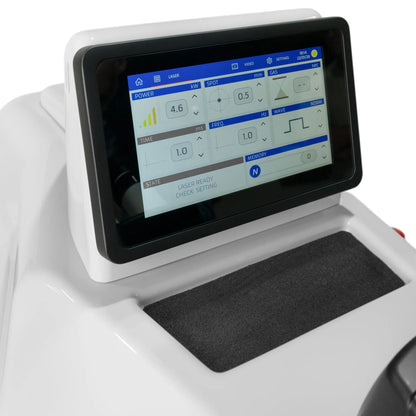 Close-up view of Tauweld 225J benchtop laser welder showcasing touchscreen controls with a white background