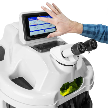 Front view of Tauweld 225J Benchtop Laser Welder showing touchscreen controls and binocular optics on white background