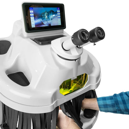 Angled view of a Tauweld 225J benchtop laser welder showcasing its monitor and binocular microscope on a white background