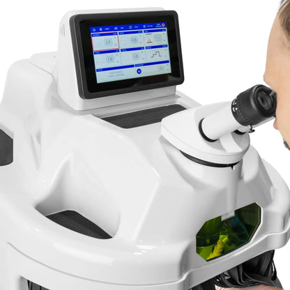 Close-up of Tauweld 225J benchtop laser welder showcasing touchscreen controls and viewing microscope with white background