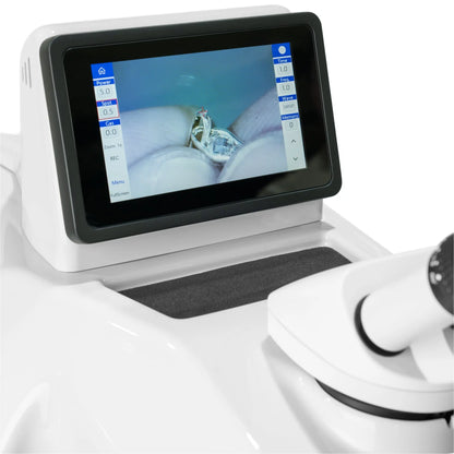 Close-up of Tauweld 225J benchtop laser welder showcasing its touchscreen display and work area on a white background