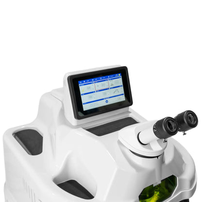 Three-quarter view of Tauweld 225J benchtop laser welder showcasing touchscreen and microscope on white background
