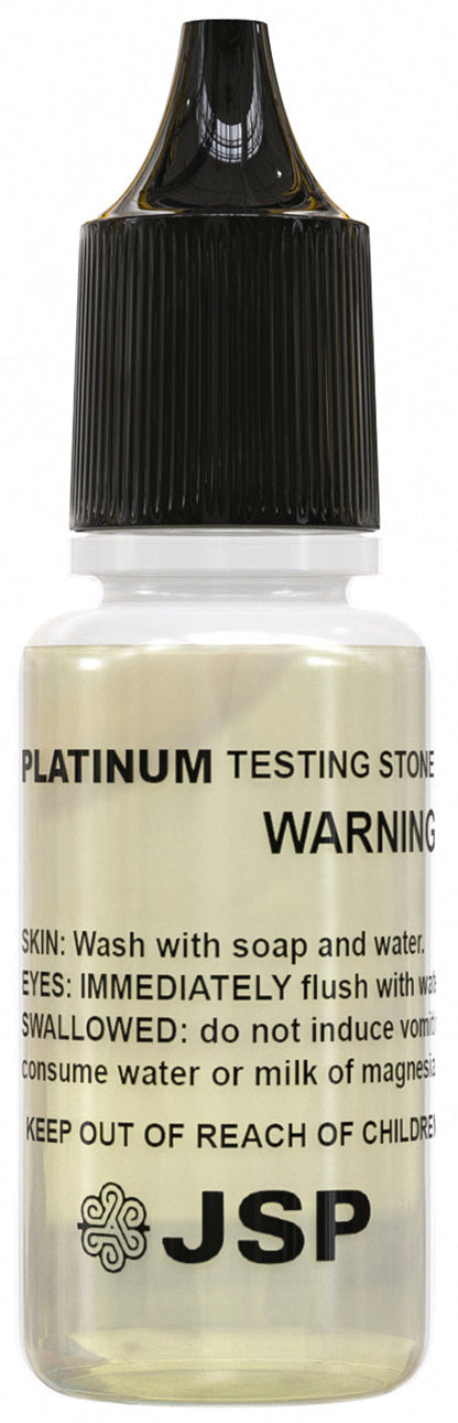 Close-up of platinum testing solution bottle with black cap and warning label on white background