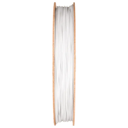 Front view of Porcelain Filamet filament showcasing white filament wound on a wooden spool with a black background