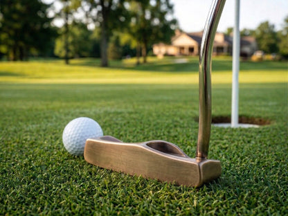 Polished bronze golf putter resting on green grass near a white golf ball on a golf course.