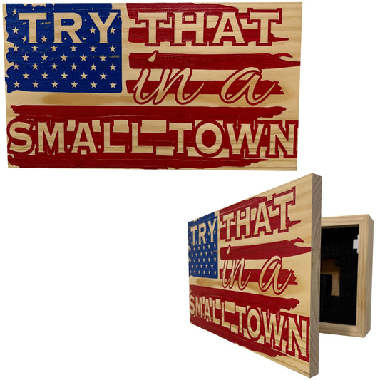 American Flag Try That In A Small Town Decorative and Secure Gun Cabinet (Red and Blue) Bellewood Designs