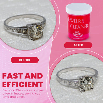 Front view of jewelry cleaner solution with before-and-after ring results and fast, efficient cleaning text on a pink background