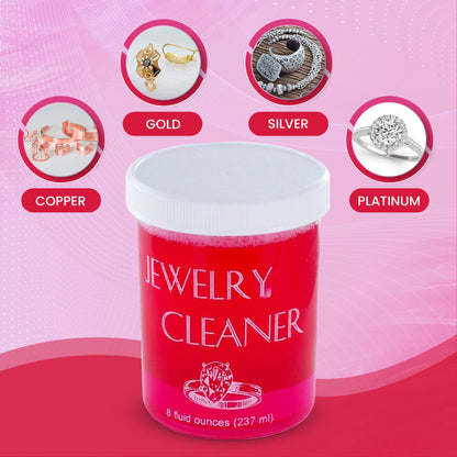 Front view of JSP Gold Silver Jewelry Cleaner solution showing gold, silver, copper, and platinum on pink background