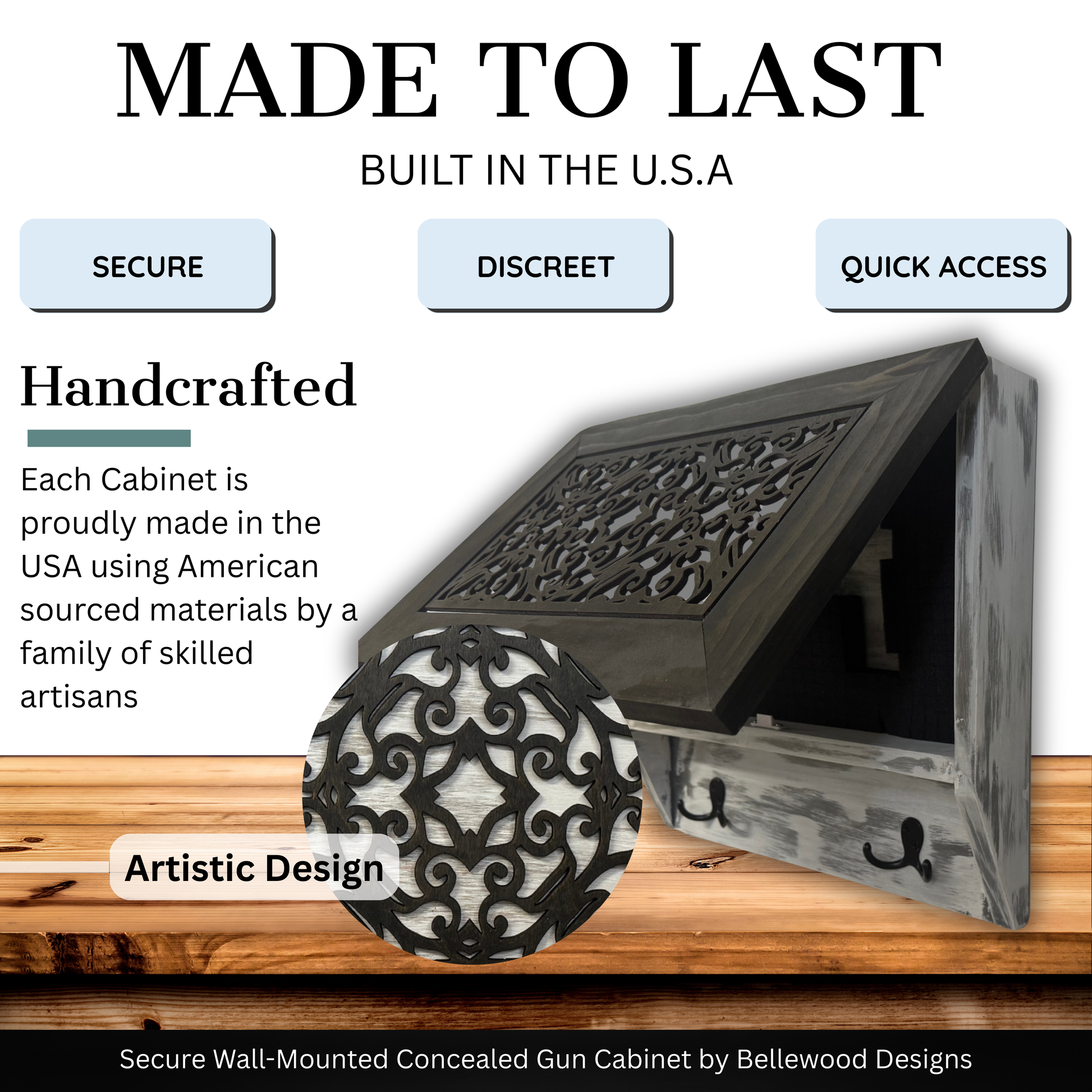 Rustic Diamond Hidden Gun Cabinet – Ornate Concealment Coat Rack with Multi-Purpose Hooks Bellewood Designs