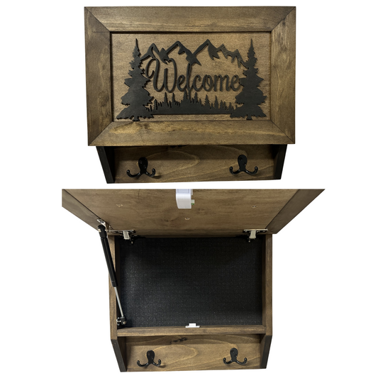 Rustic Mountain Welcome Wall-Mounted Gun Cabinet – Concealed Lockable Storage for Your Home Bellewood Designs