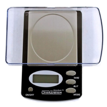 Front view of a digital pocket scale showcasing its circular weighing platform, LCD display, and transparent lid on white background