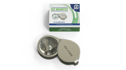 Front view of 30X magnifier loupe showcasing its folding design with product box on a white background