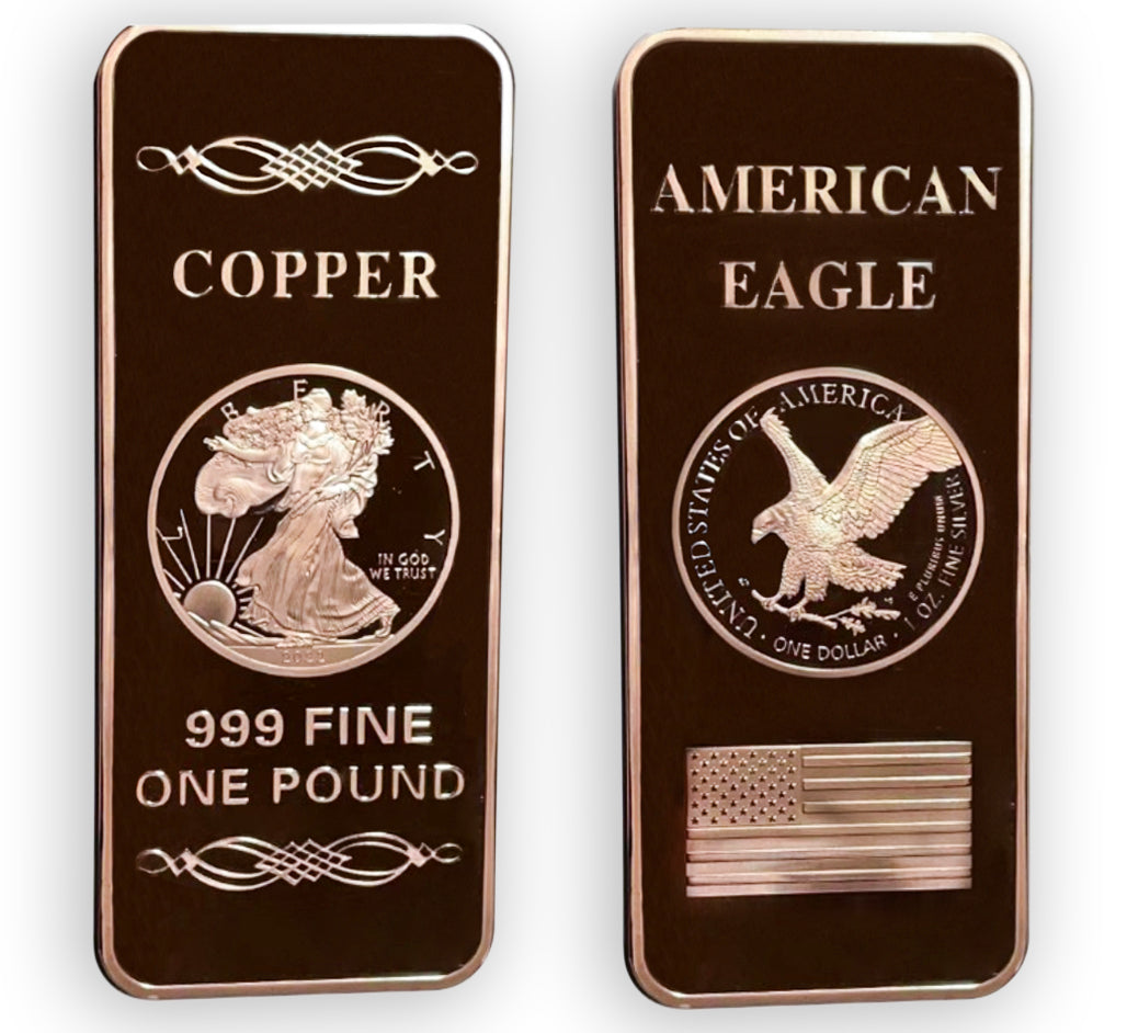 1 LB Troy Ounce/OZ .999 Pure American Metal Walking Liberty Eagle BAR Gold Copper Silver Precious Metals Pound Paperweight Pure Element CU Chemistry