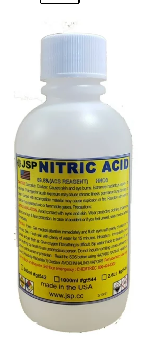 JSP 16 oz. Nitric Acid 69.8% 500 ML Gold Refining Aqua Regia