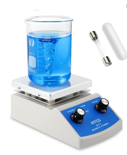HYCC SH-2 magnetic stirrer with gray body, blue control panel, glass beaker, and stir bars.