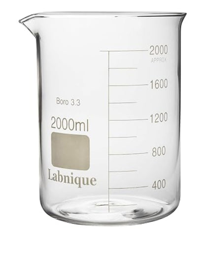 Clear glass 2000ml Labnique beaker with volume markings up to 2000ml and Boro 3.3 text.