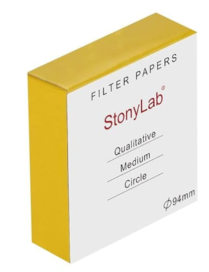 StonyLab qualitative medium circle filter paper box, 94mm, white with yellow trim.