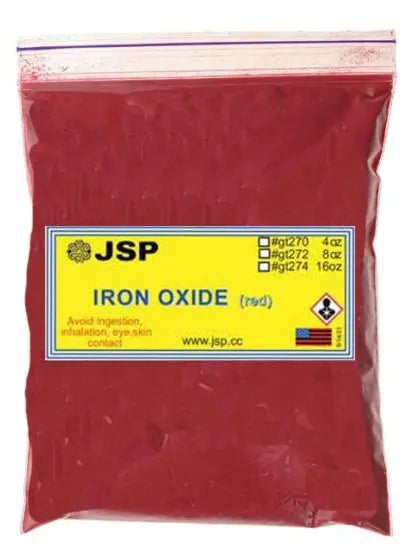 Front view of JSP red iron oxide powder bag showing 4, 8, and 16 ounce size options