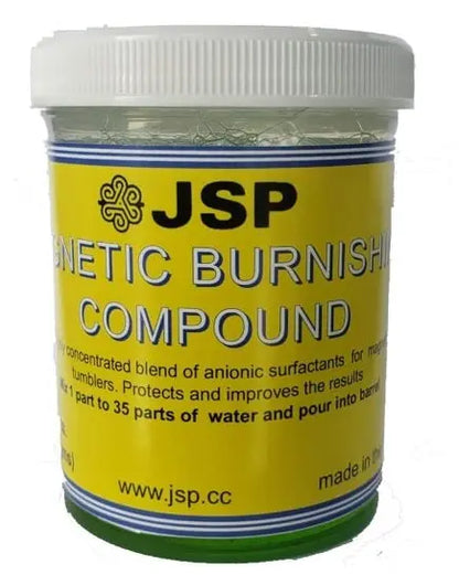 Front view of JSP liquid magnetic tumbler burnishing compound showcasing its yellow label and white lid on a white background