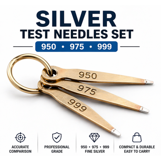 Silver test needles set with 950, 975, and 999 fine silver comparison needles on key ring for jewelry and bullion testing