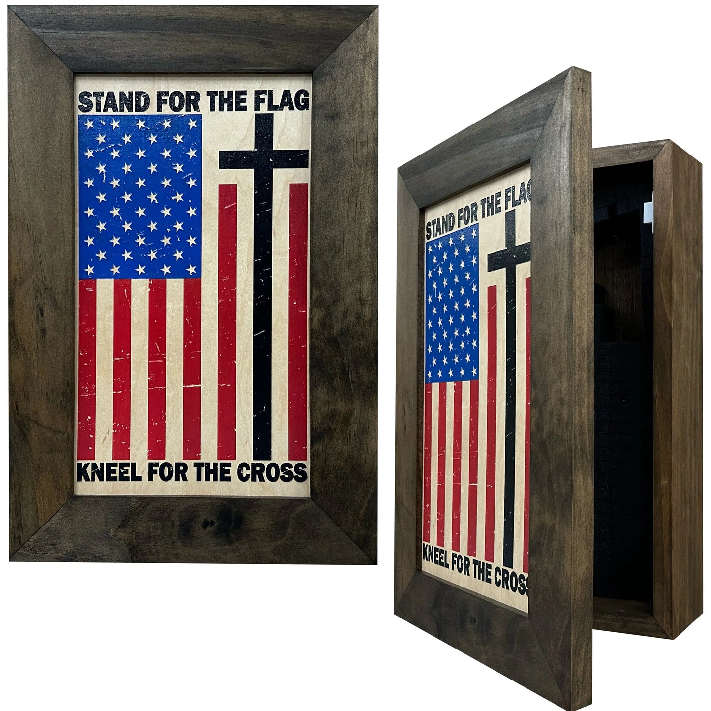 American Flag Hidden Gun Storage Cabinet - Stand For The Flag, Kneel For The Cross Concealed Gun Storage Bellewood Designs