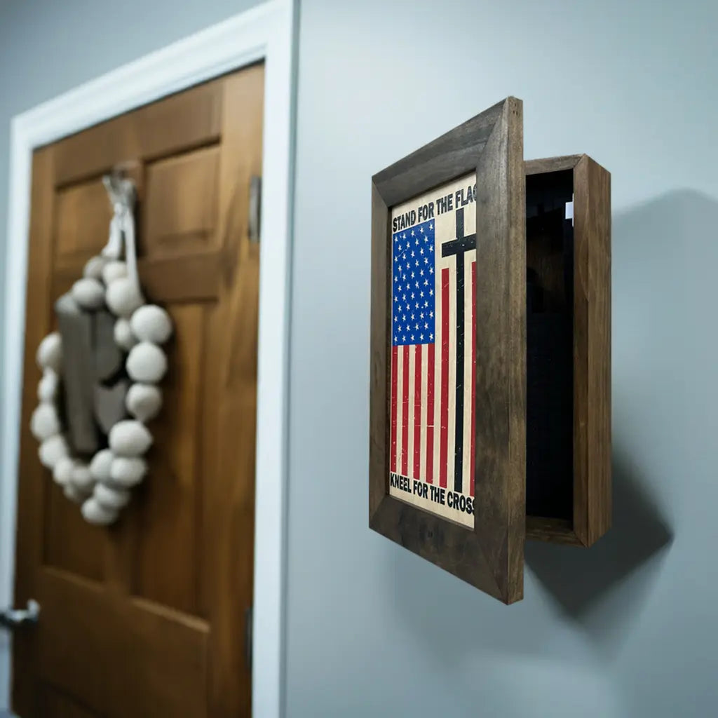 American Flag Hidden Gun Storage Cabinet - Stand For The Flag, Kneel For The Cross Concealed Gun Storage Bellewood Designs