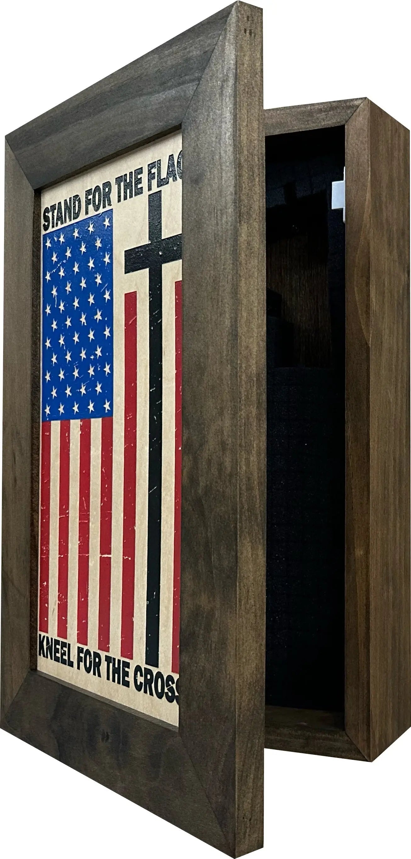 American Flag Hidden Gun Storage Cabinet - Stand For The Flag, Kneel For The Cross Concealed Gun Storage Bellewood Designs