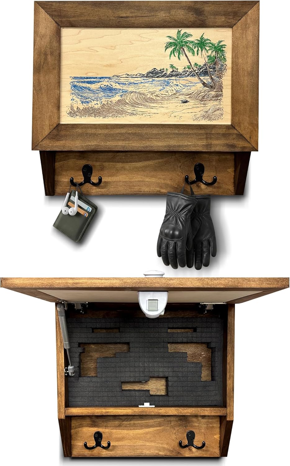 Tropical Paradise Hidden Gun Storage Coat Rack with Hooks for Coats, Bags, & Hats - Quick Access Concealment Shelf with Magnetic Lock - Handcrafted Gun Concealment Furniture Bellewood Designs