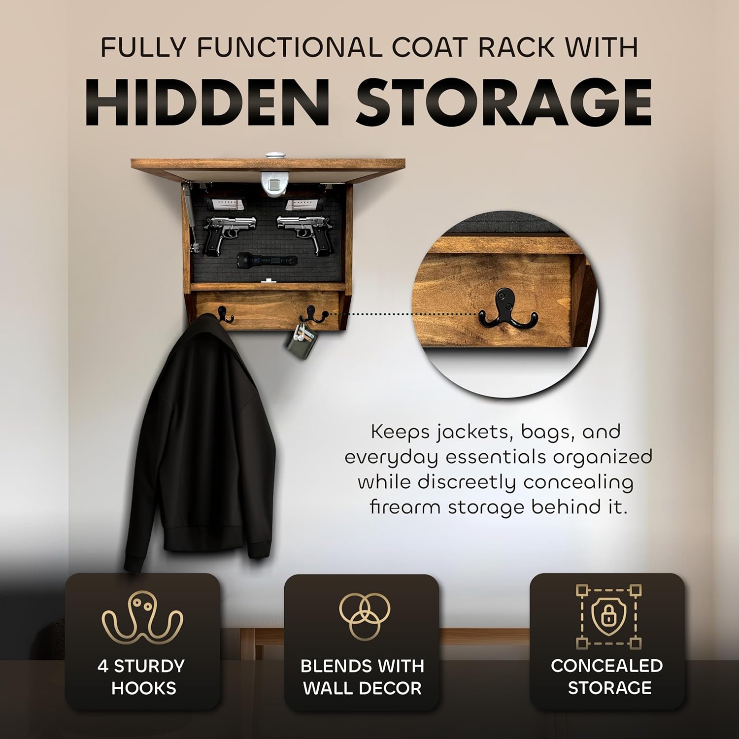 Tropical Paradise Hidden Gun Storage Coat Rack with Hooks for Coats, Bags, & Hats - Quick Access Concealment Shelf with Magnetic Lock - Handcrafted Gun Concealment Furniture Bellewood Designs