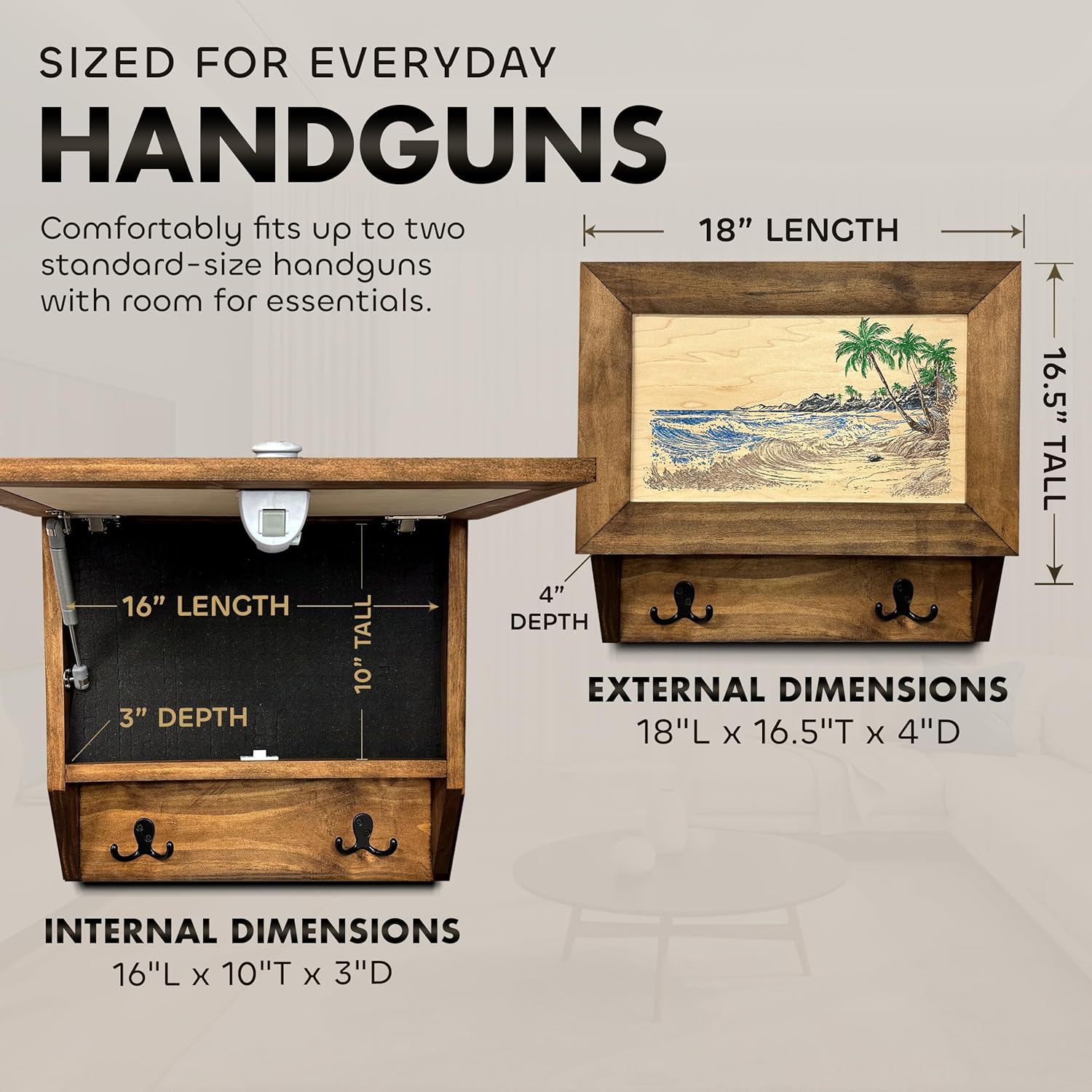 Tropical Paradise Hidden Gun Storage Coat Rack with Hooks for Coats, Bags, & Hats - Quick Access Concealment Shelf with Magnetic Lock - Handcrafted Gun Concealment Furniture Bellewood Designs